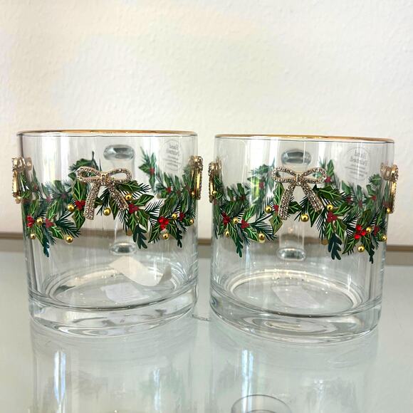 Hand Painted & Jeweled Thick Glass Mug Set of 2 Coquette Christmas Holly & Bows - Picture 14 of 16